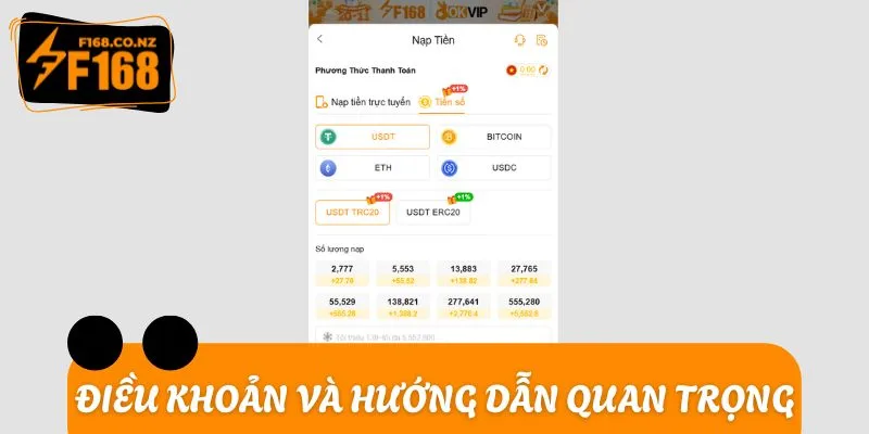 Điều khoản và hướng dẫn quan trọng trong quá trình nạp tiền F168